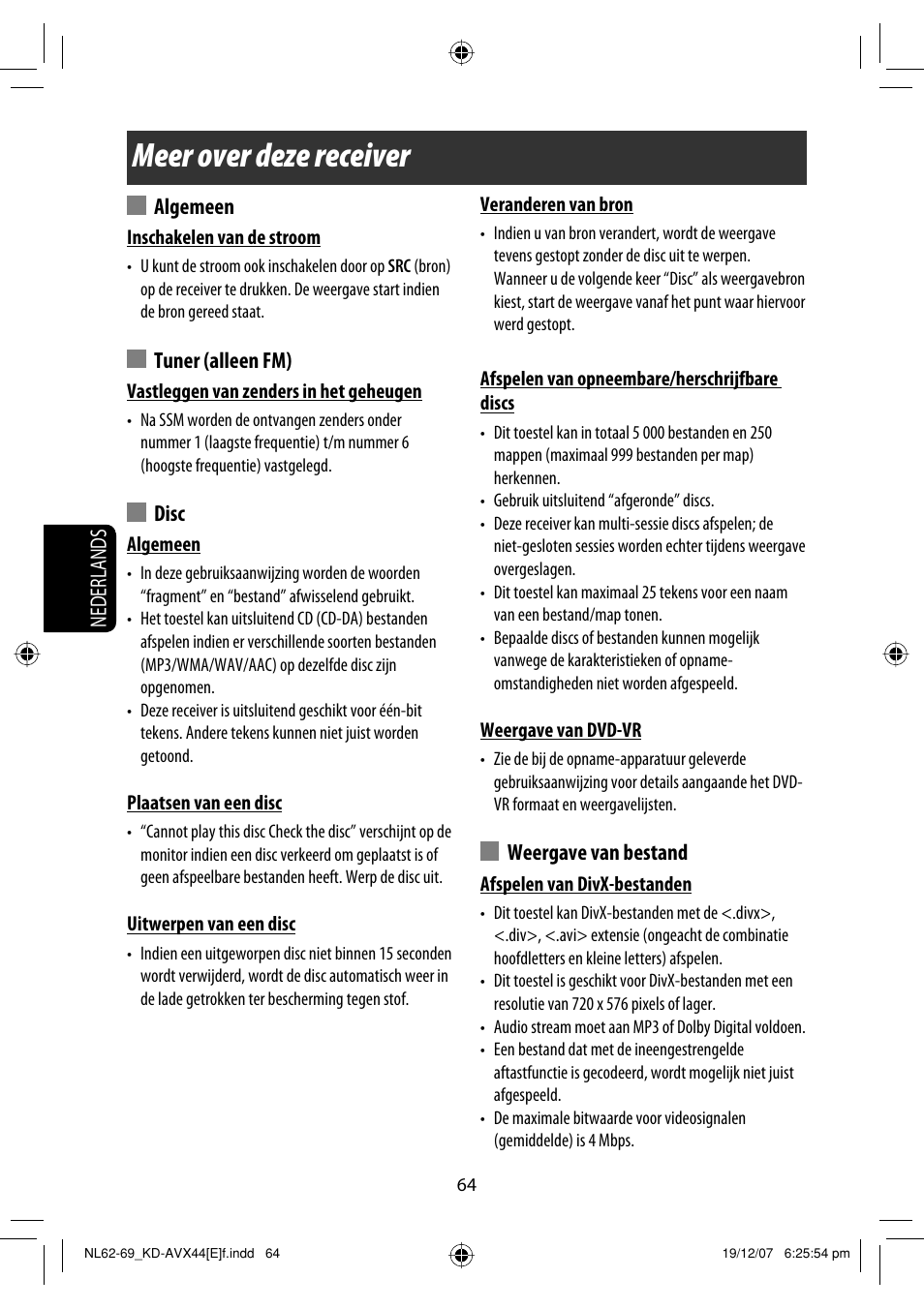 Meer over deze receiver, Nederlands, Algemeen | Tuner (alleen fm), Disc, Weergave van bestand | JVC KD-AVX44 User Manual | Page 288 / 301