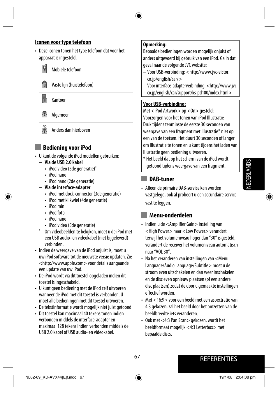 Referenties nederlands, Bediening voor ipod, Dab-tuner | Menu-onderdelen | JVC KD-AVX44 User Manual | Page 291 / 301