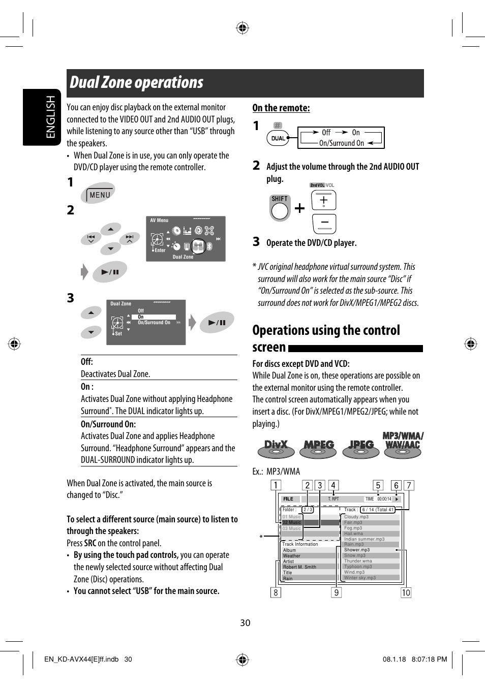 Dual zone operations, Operations using the control screen, English | On the remote | JVC KD-AVX44 User Manual | Page 32 / 301
