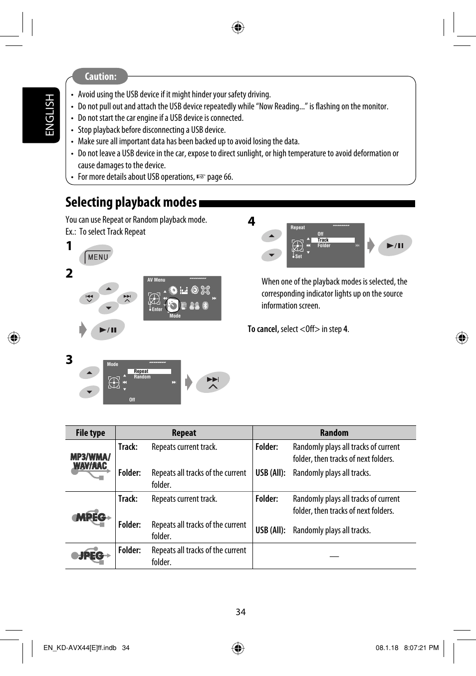 Selecting playback modes, English, Caution | JVC KD-AVX44 User Manual | Page 36 / 301