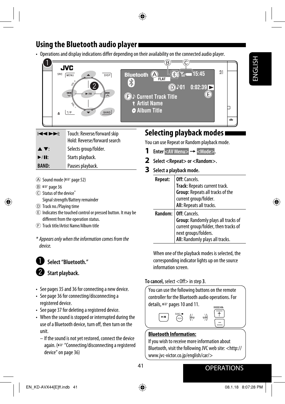 Using the bluetooth audio player, Selecting playback modes, Operations | English | JVC KD-AVX44 User Manual | Page 43 / 301