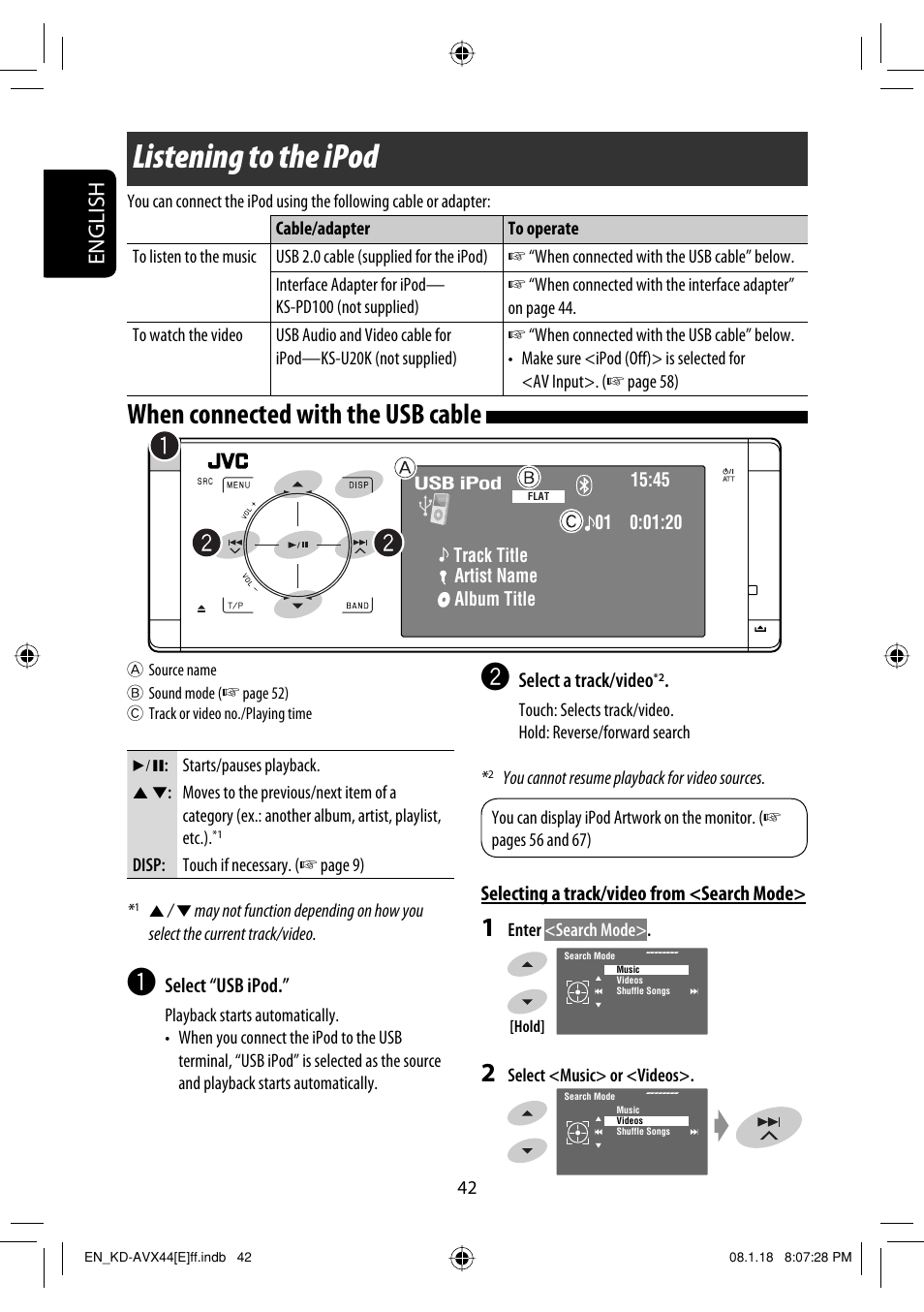 External devices, Listening to the ipod, When connected with the usb cable | English | JVC KD-AVX44 User Manual | Page 44 / 301