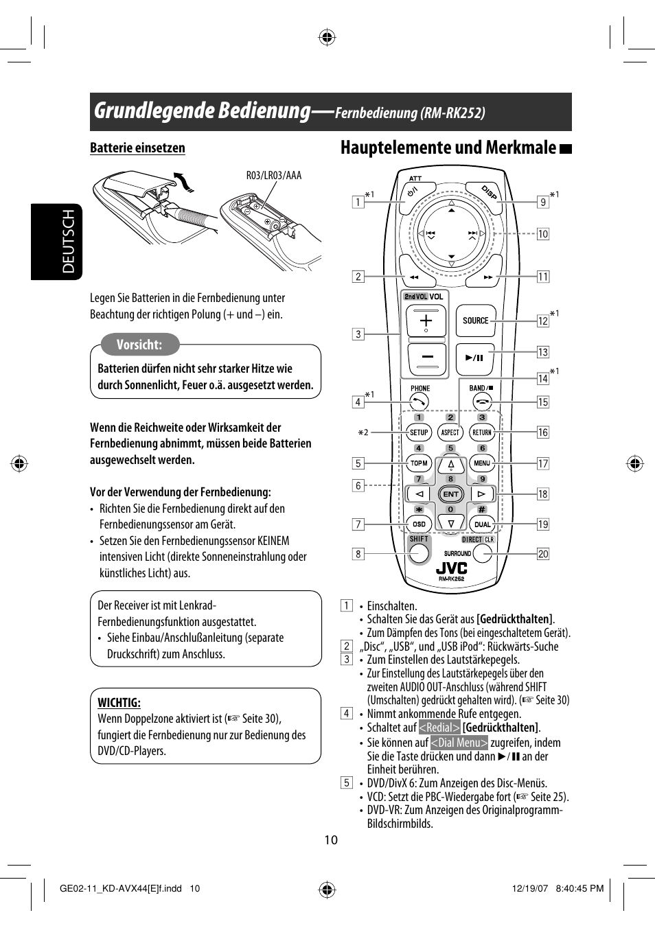 Grundlegende bedienung, Hauptelemente und merkmale, Deutsch | Fernbedienung (rm-rk252) | JVC KD-AVX44 User Manual | Page 86 / 301