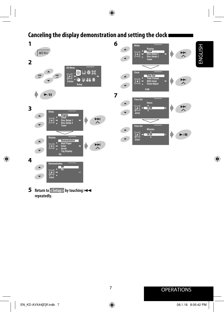 Operations, English, Return to <setup> by touching 4 repeatedly | JVC KD-AVX44 User Manual | Page 9 / 301