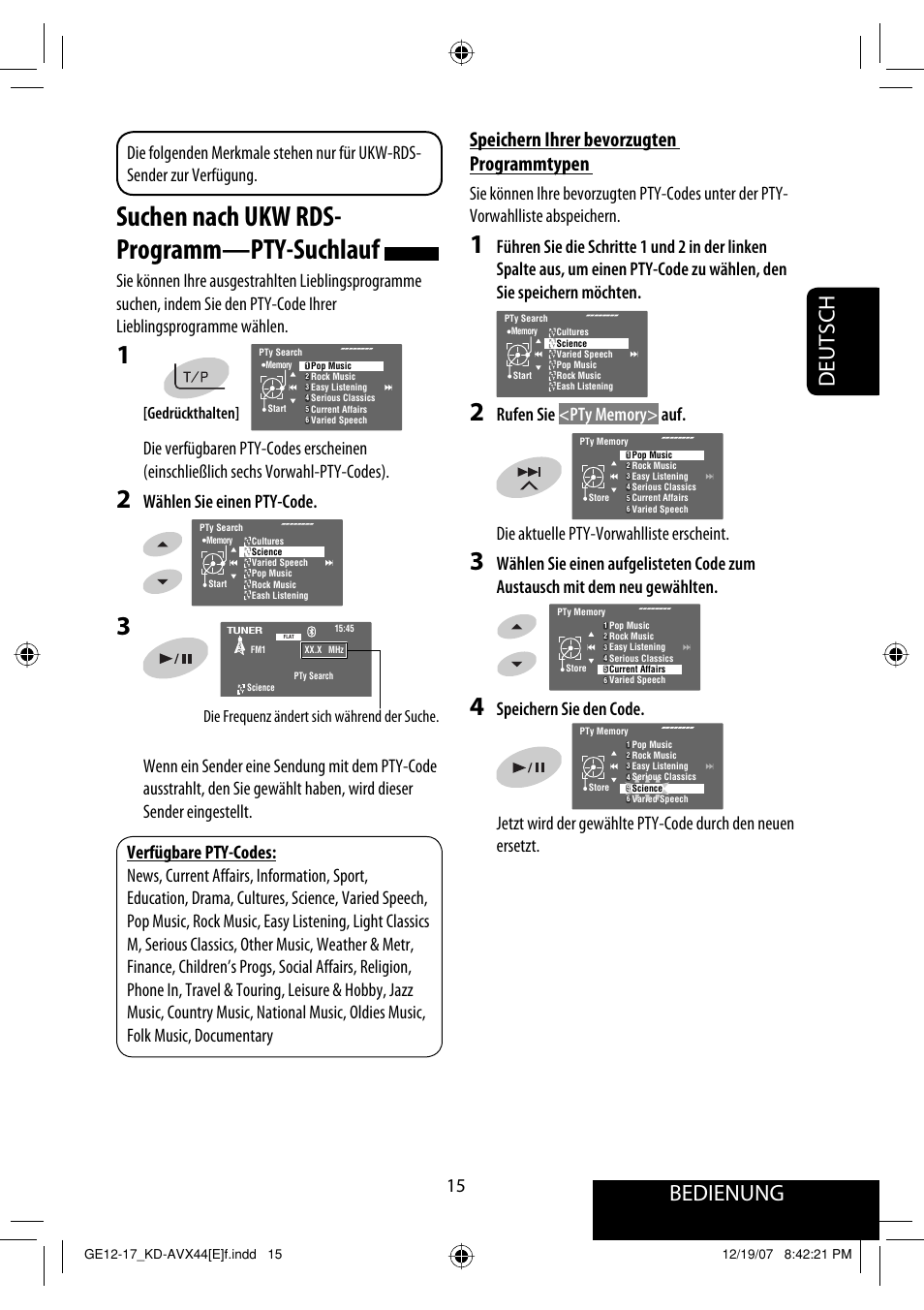 Suchen nach ukw rds- programm—pty-suchlauf, Bedienung, Deutsch | Speichern ihrer bevorzugten programmtypen, Wählen sie einen pty-code, Die frequenz ändert sich während der suche, Gedrückthalten | JVC KD-AVX44 User Manual | Page 91 / 301