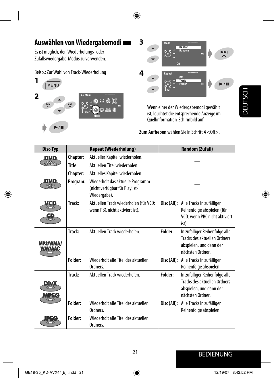 Auswählen von wiedergabemodi, Bedienung, Deutsch | JVC KD-AVX44 User Manual | Page 97 / 301