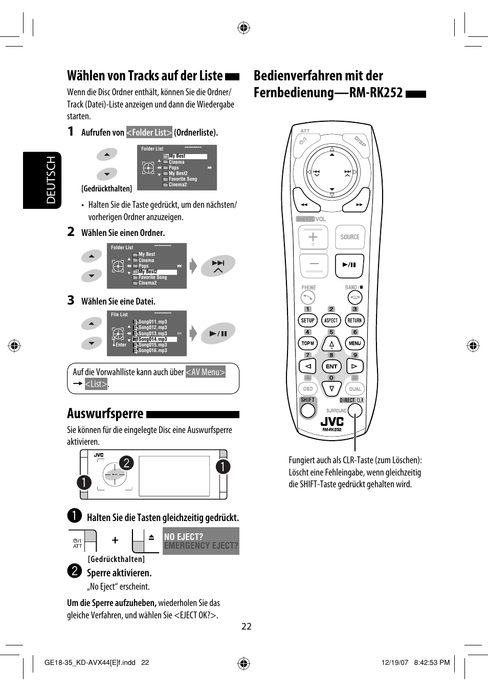 Wählen von tracks auf der liste, Auswurfsperre, Bedienverfahren mit der fernbedienung—rm-rk252 | Deutsch | JVC KD-AVX44 User Manual | Page 98 / 301