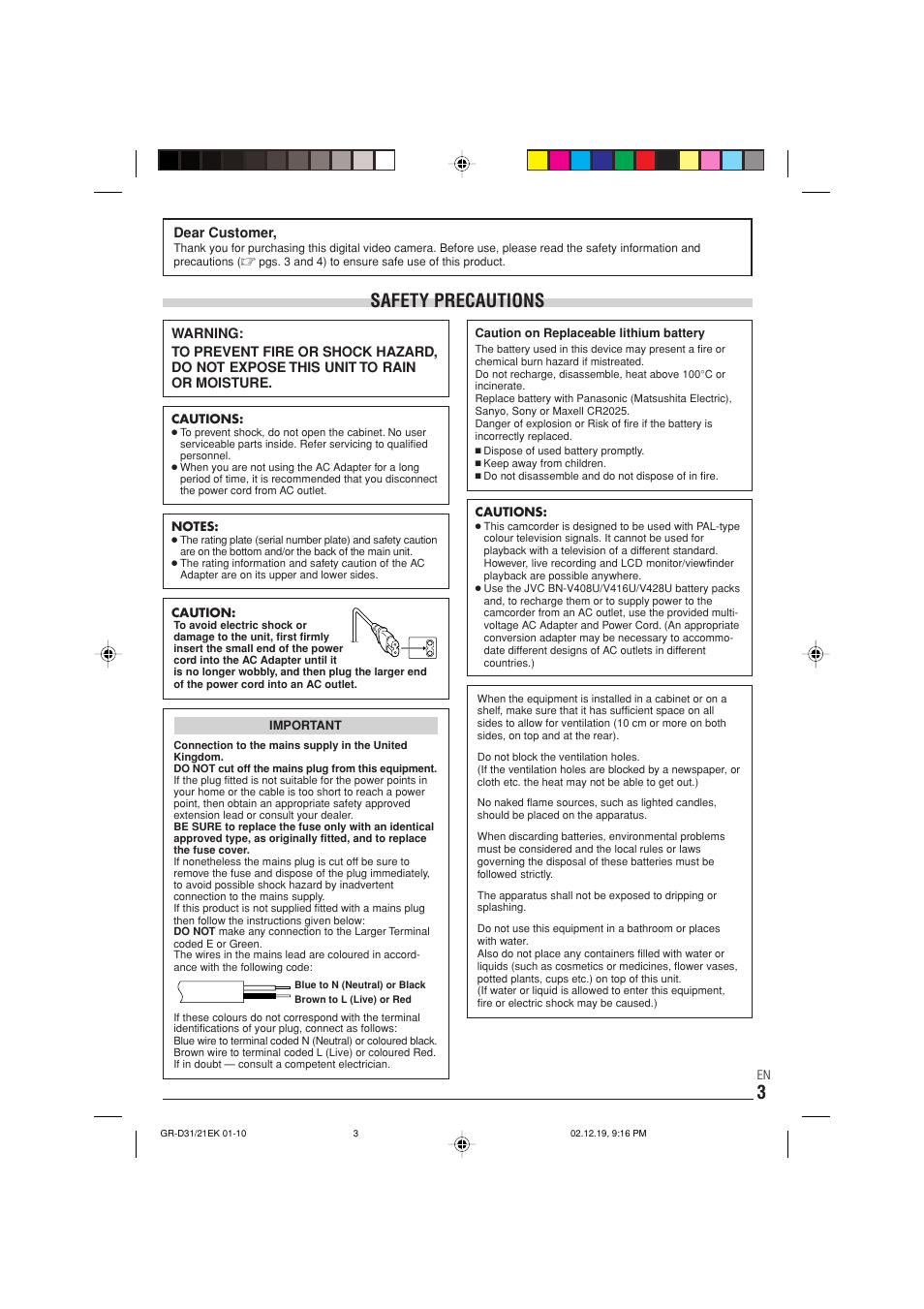 Safety precautions | JVC GR-D21 User Manual | Page 3 / 48