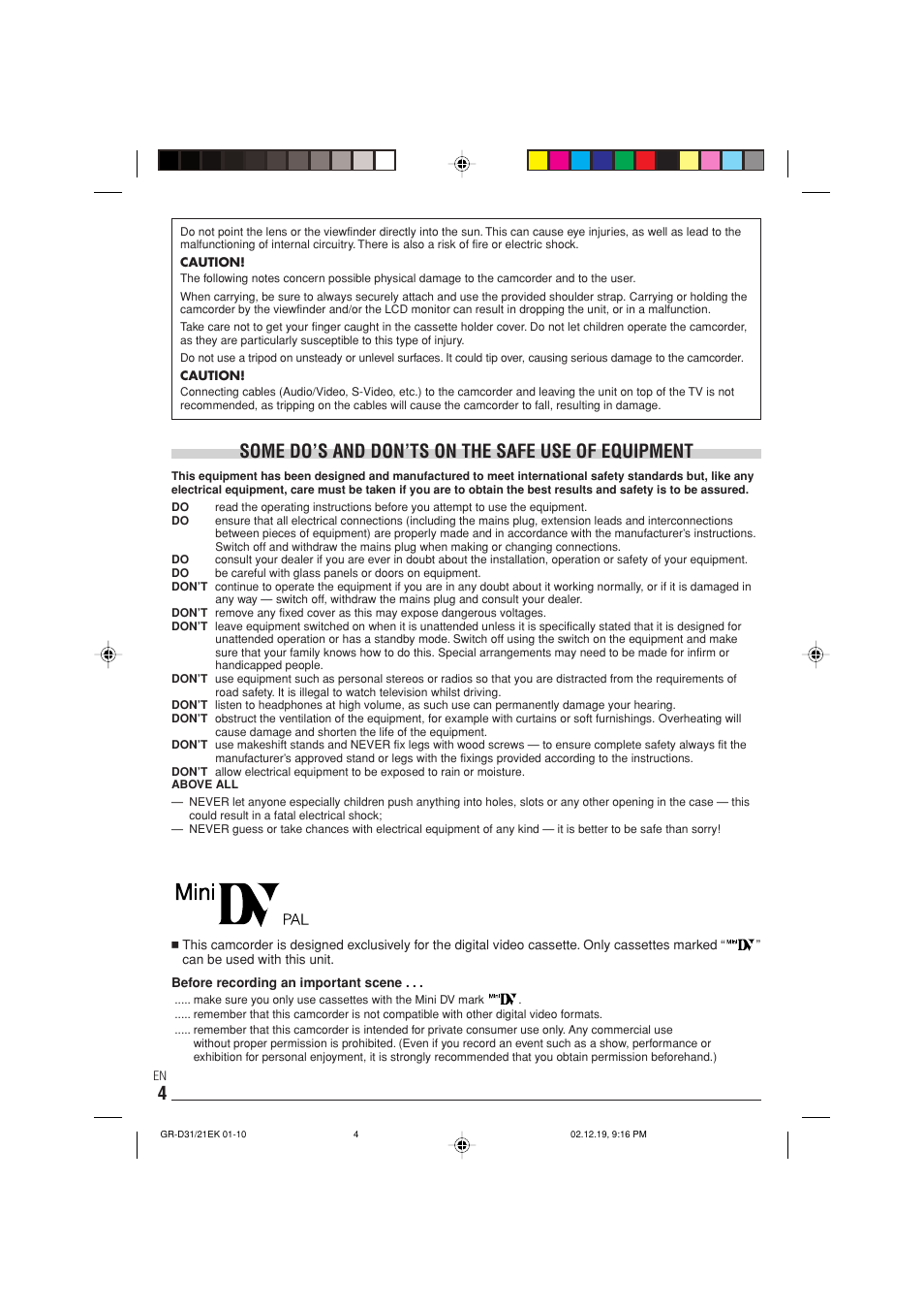 Some do’s and don’ts on the safe use of equipment | JVC GR-D21 User Manual | Page 4 / 48