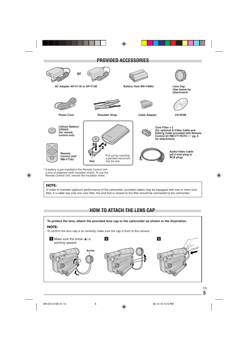 Provided accessories, How to attach the lens cap | JVC GR-D21 User Manual | Page 5 / 48