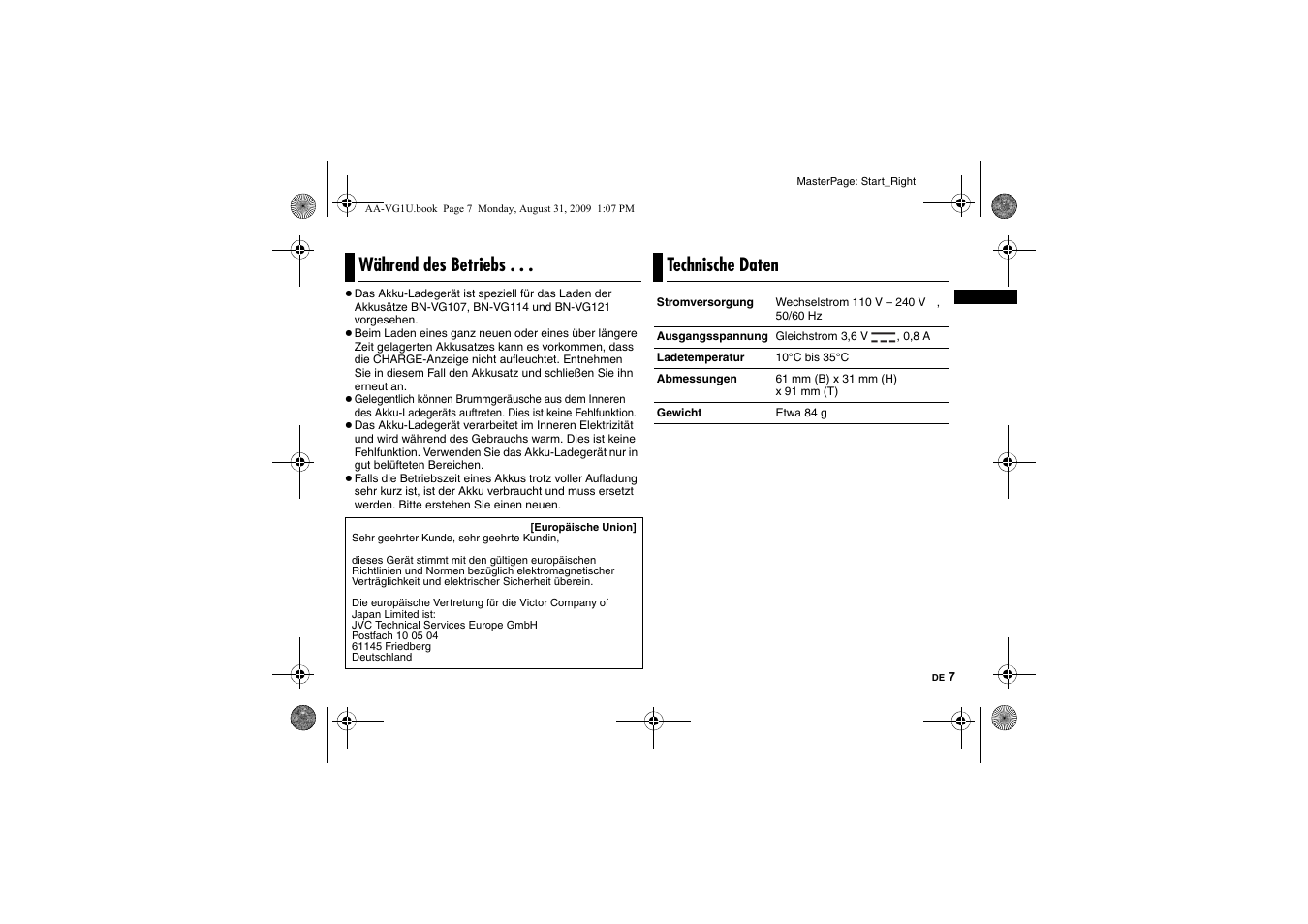 Während des betriebs, Technische daten | JVC AA-VG1 User Manual | Page 15 / 100
