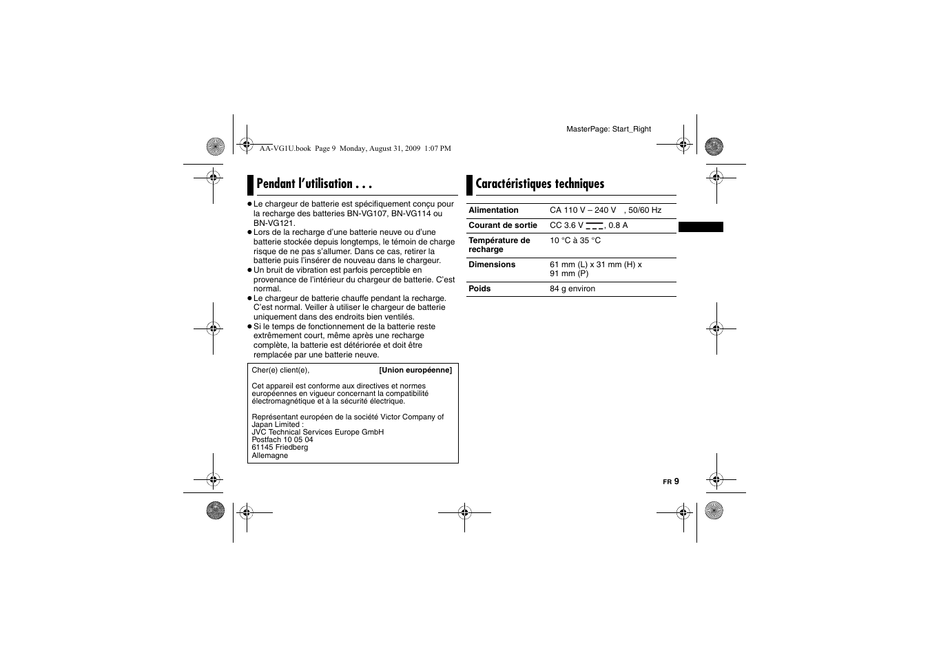 Pendant l’utilisation, Caractéristiques techniques | JVC AA-VG1 User Manual | Page 23 / 100