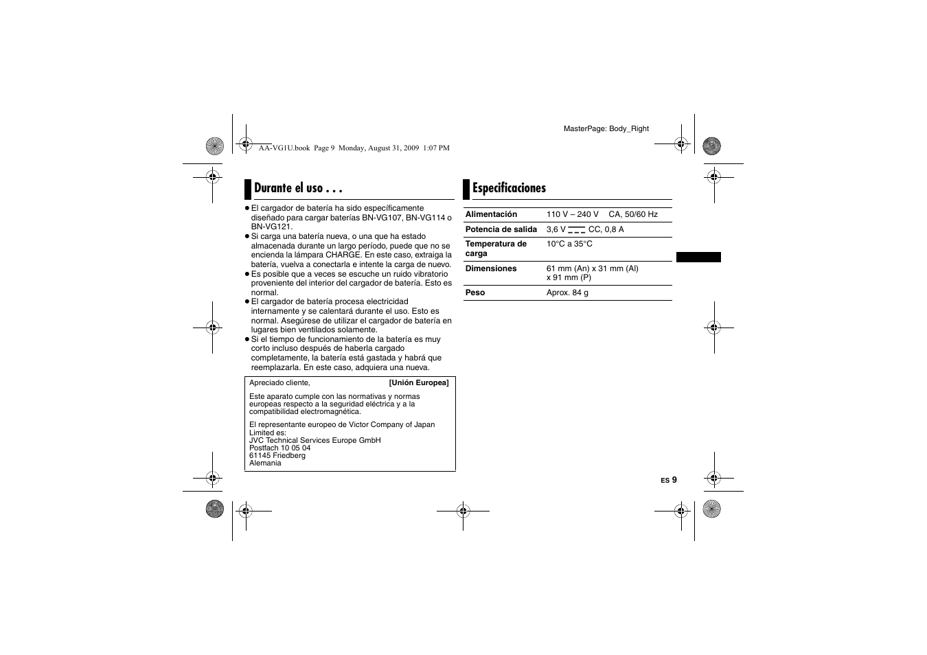 Durante el uso, Especificaciones | JVC AA-VG1 User Manual | Page 37 / 100