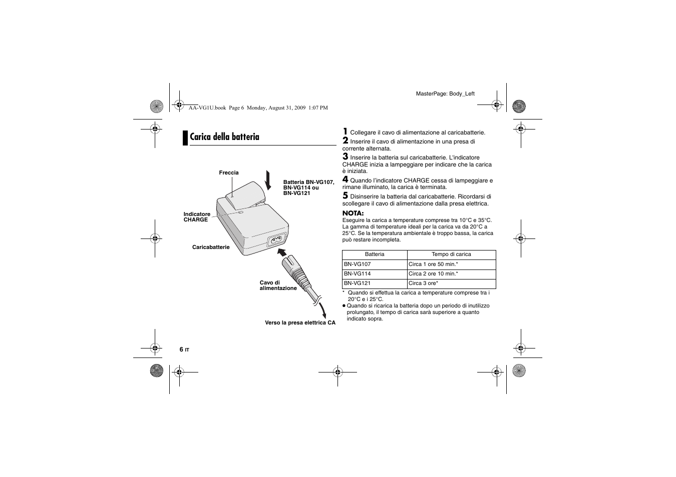 Carica della batteria | JVC AA-VG1 User Manual | Page 42 / 100