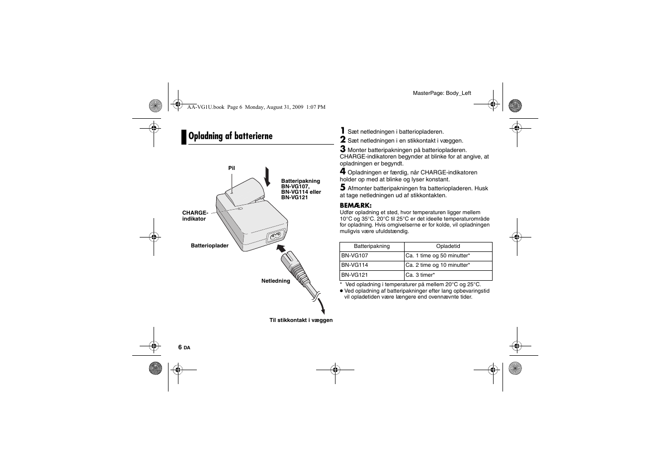 Opladning af batterierne | JVC AA-VG1 User Manual | Page 54 / 100