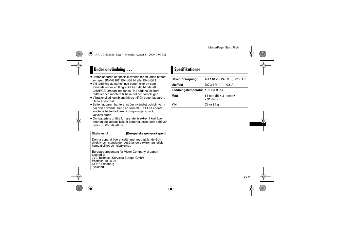 Under användning, Specifikationer | JVC AA-VG1 User Manual | Page 67 / 100