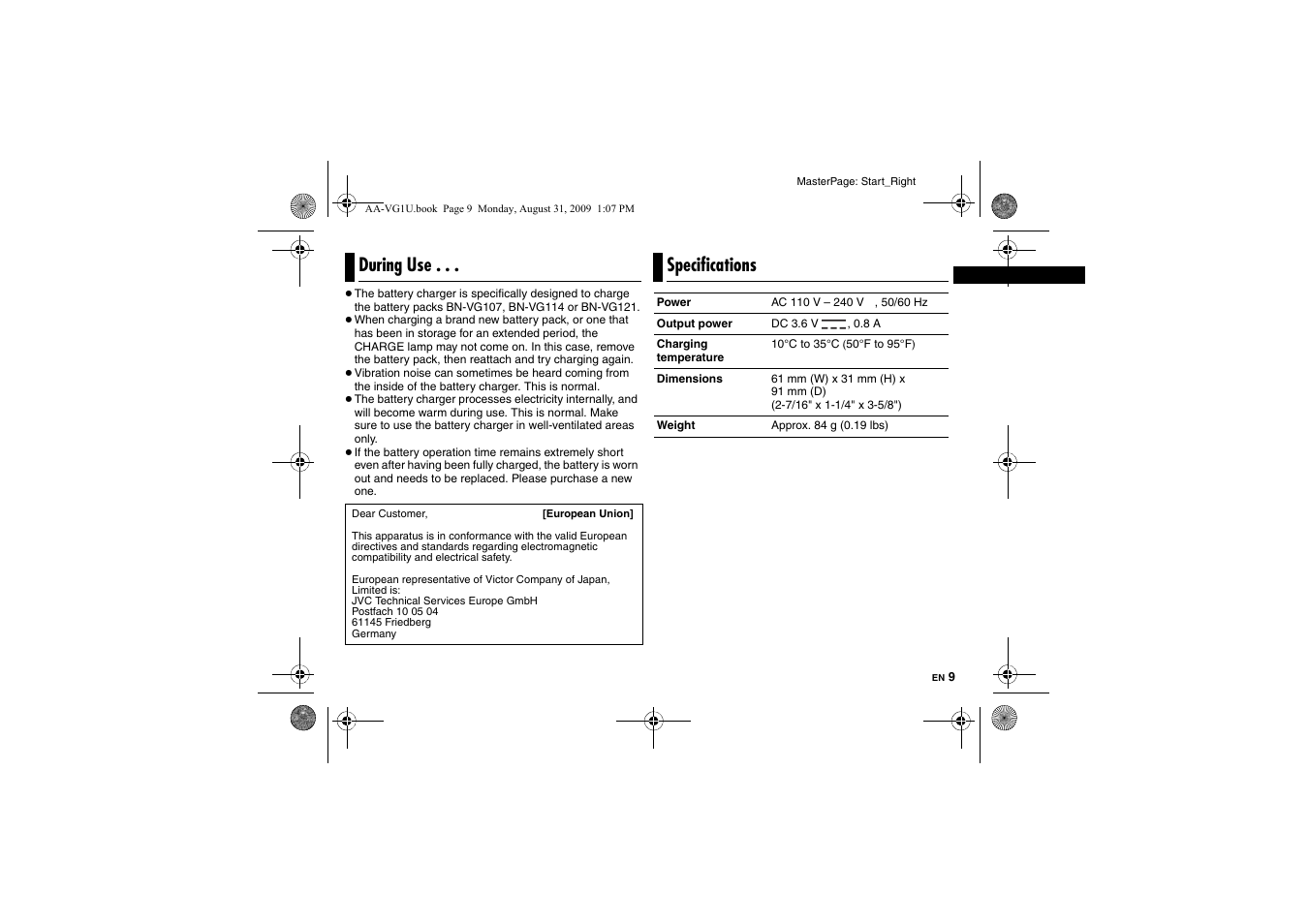 Aa-vg1u, During use, Specifications | JVC AA-VG1 User Manual | Page 9 / 100