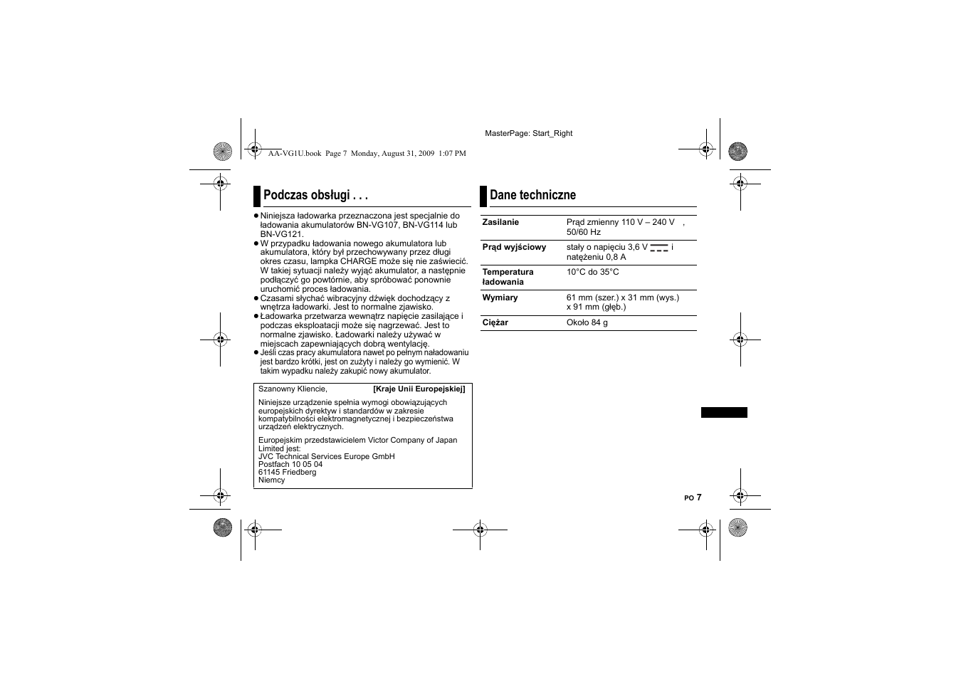 Podczas obsługi, Dane techniczne | JVC AA-VG1 User Manual | Page 91 / 100