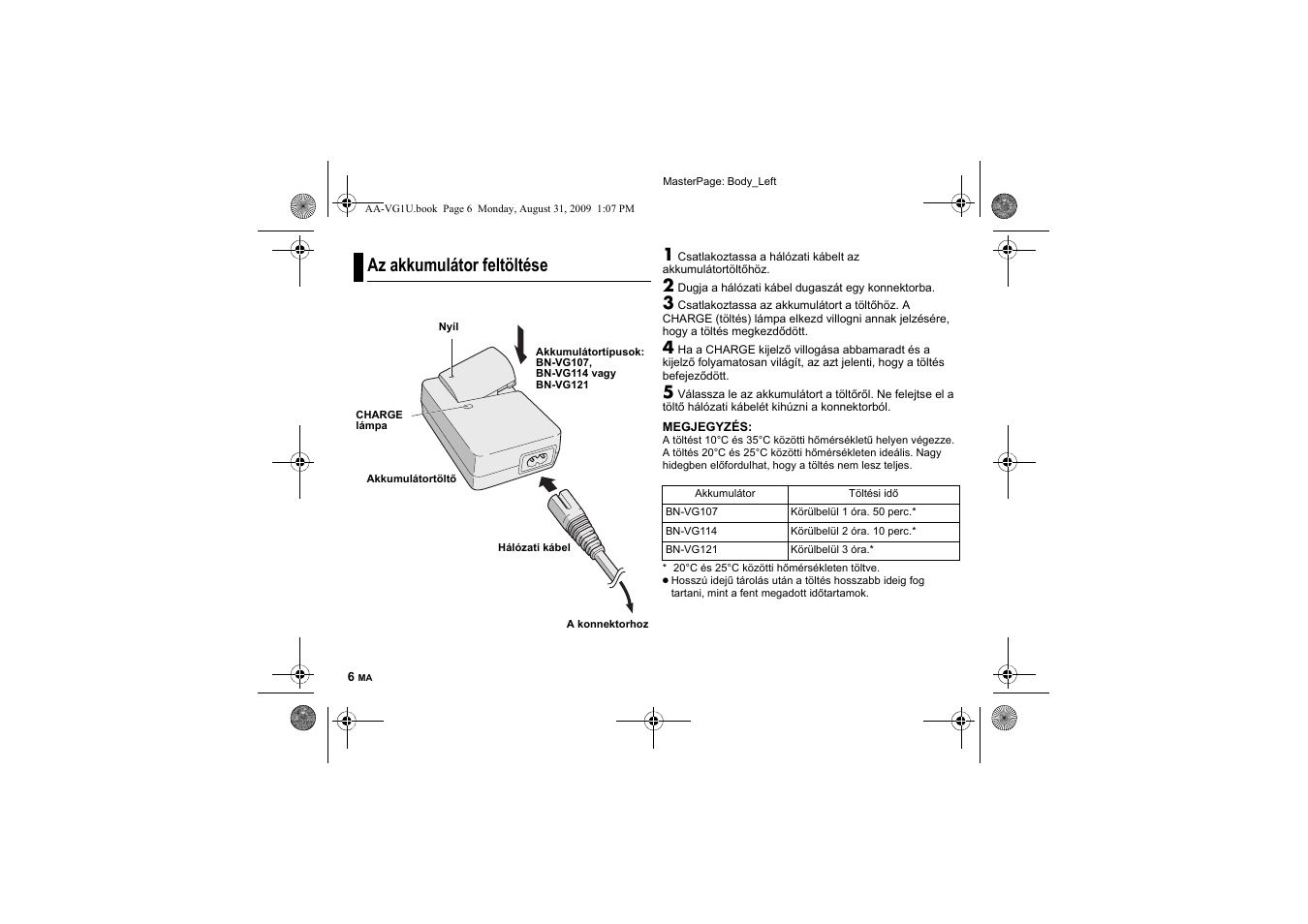 Az akkumulátor feltöltése | JVC AA-VG1 User Manual | Page 96 / 100