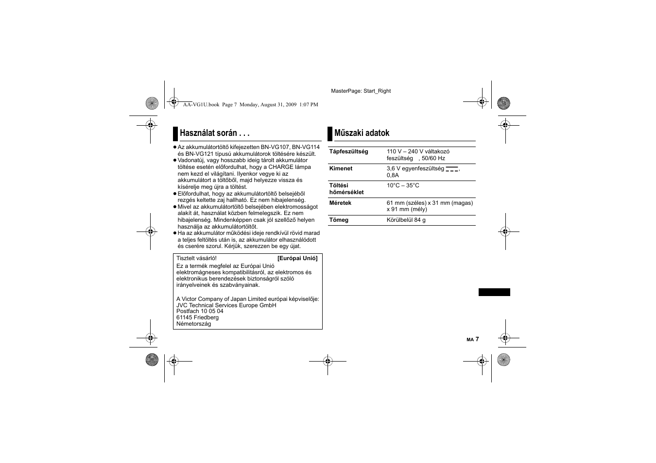 Használat során, Műszaki adatok | JVC AA-VG1 User Manual | Page 97 / 100