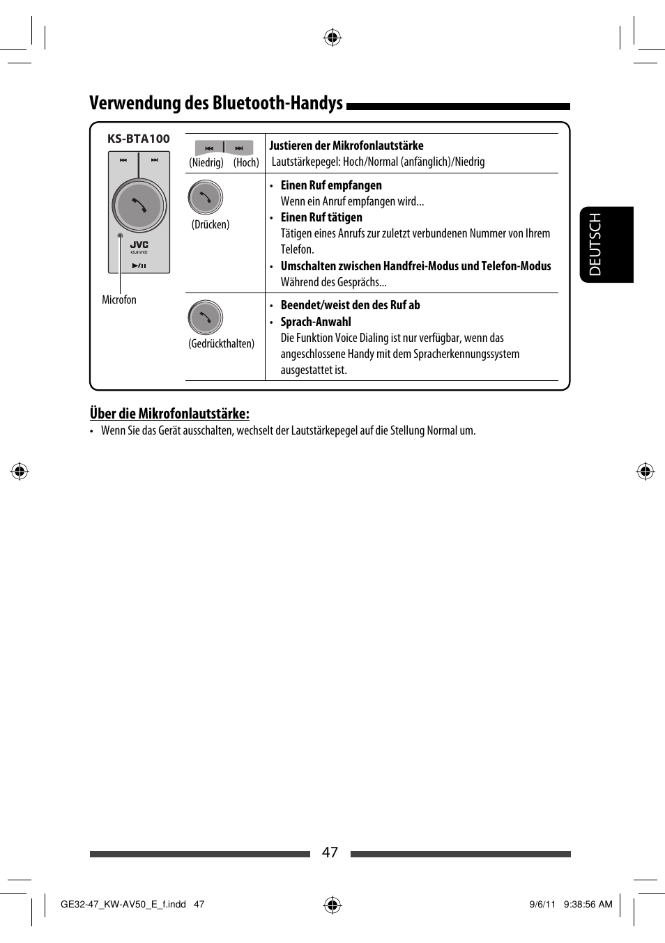 Verwendung des bluetooth-handys, 47 deutsch, Über die mikrofonlautstärke | JVC KW-AV50 User Manual | Page 105 / 235