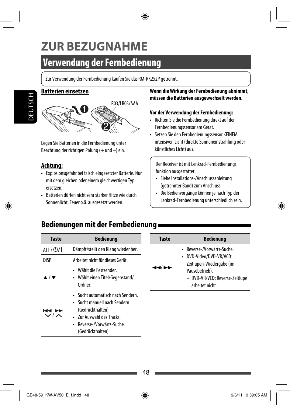Zur bezugnahme, Verwendung der fernbedienung, Bedienungen mit der fernbedienung | JVC KW-AV50 User Manual | Page 106 / 235