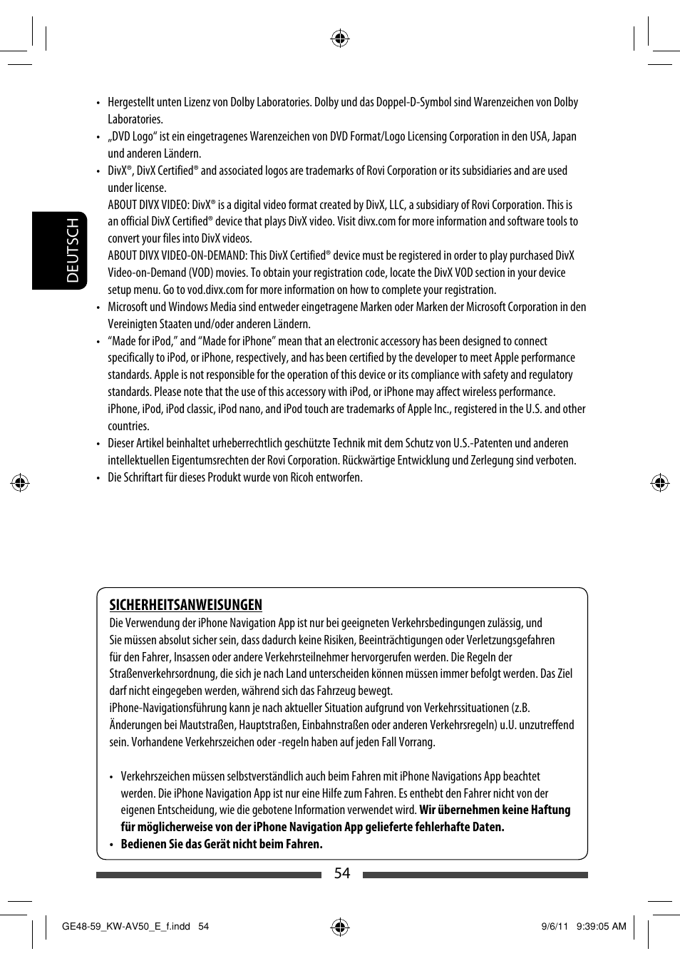 54 deutsch, Sicherheitsanweisungen | JVC KW-AV50 User Manual | Page 112 / 235
