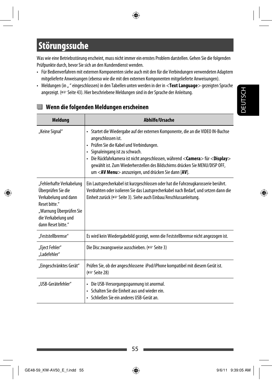Störungssuche, Wenn die folgenden meldungen erscheinen | JVC KW-AV50 User Manual | Page 113 / 235