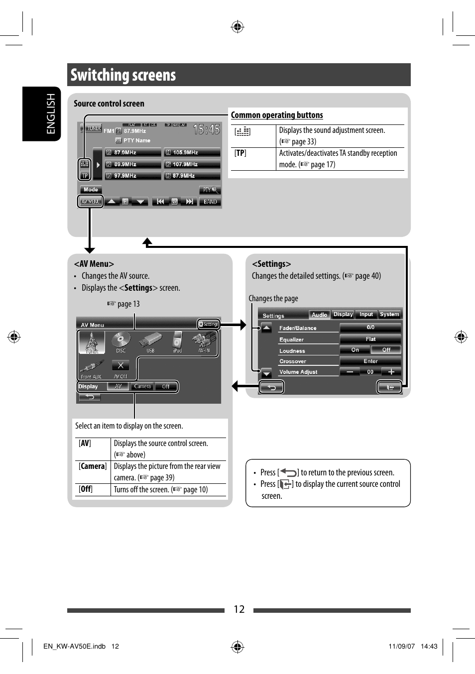 Switching screens, 12 english | JVC KW-AV50 User Manual | Page 12 / 235