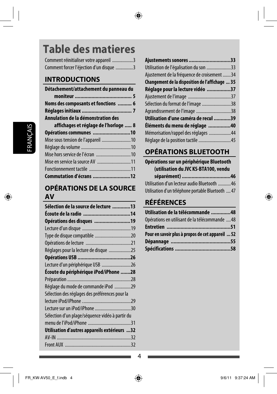 Table des matieres, Introductions, Opérations de la source av | Opérations bluetooth, Références | JVC KW-AV50 User Manual | Page 120 / 235