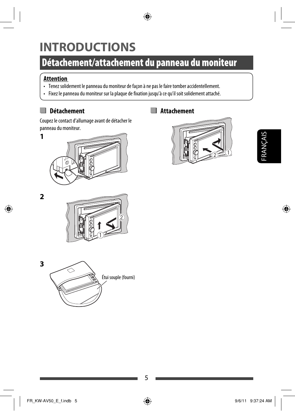 Introductions, Détachement/attachement du panneau du moniteur | JVC KW-AV50 User Manual | Page 121 / 235