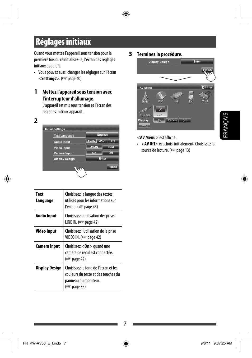 Réglages initiaux | JVC KW-AV50 User Manual | Page 123 / 235