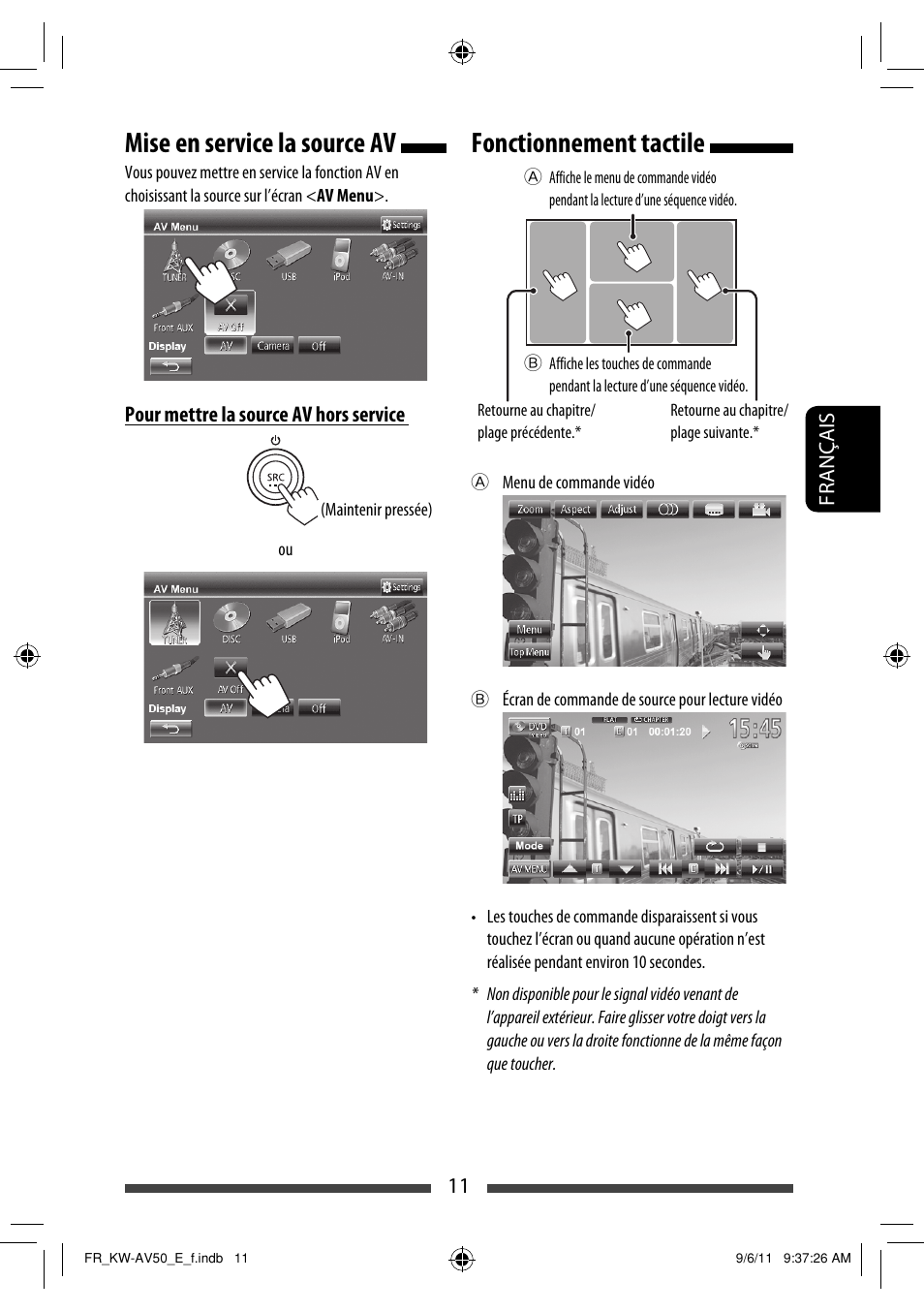 Mise en service la source av, Fonctionnement tactile | JVC KW-AV50 User Manual | Page 127 / 235