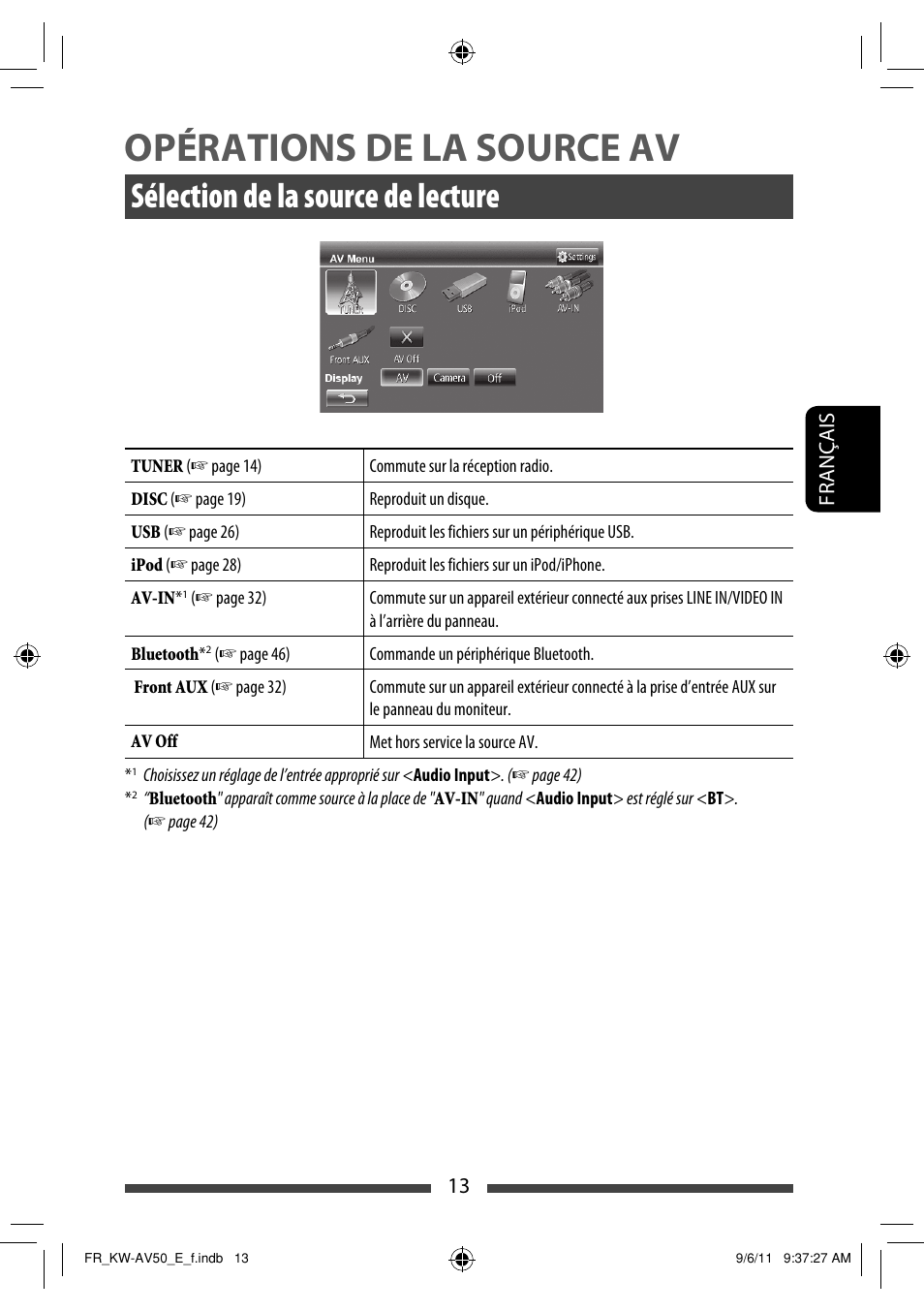 Opérations de la source av, Sélection de la source de lecture | JVC KW-AV50 User Manual | Page 129 / 235