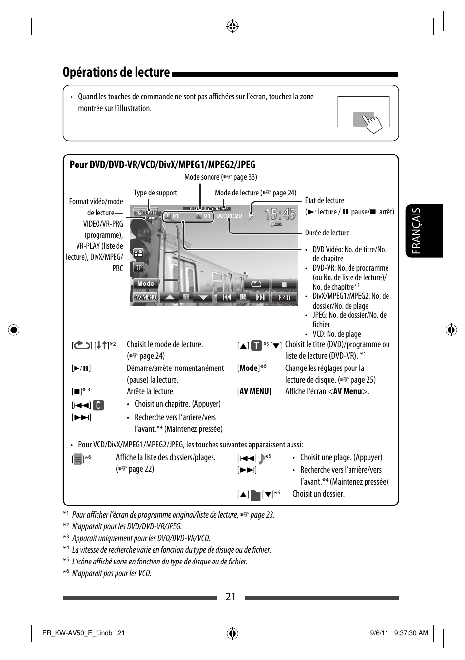Opérations de lecture, Français 21, Pour dvd/dvd-vr/vcd/divx/mpeg1/mpeg2/jpeg | JVC KW-AV50 User Manual | Page 137 / 235