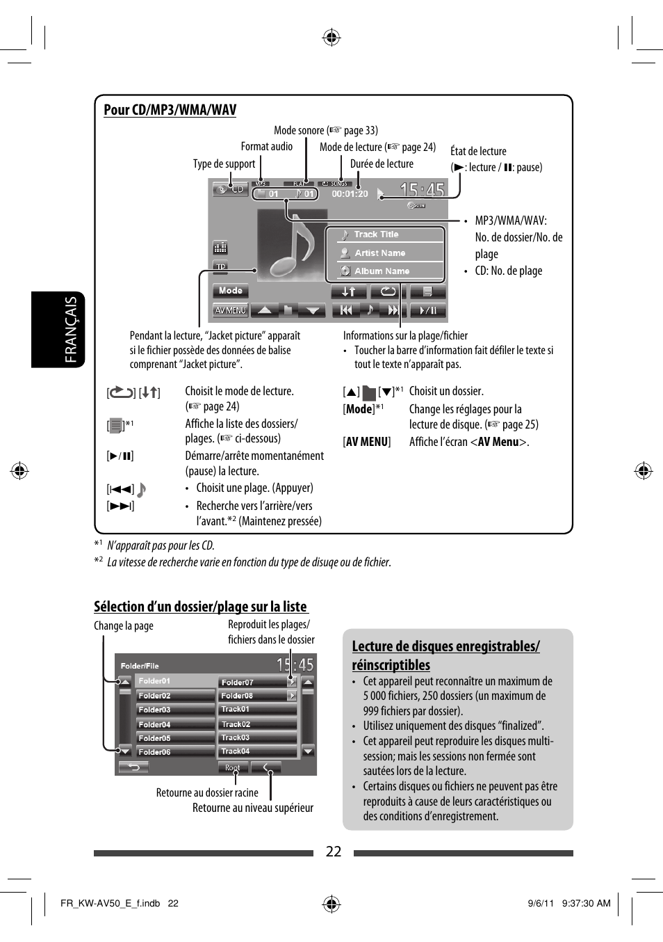 Français 22, Pour cd/mp3/wma/wav, Sélection d’un dossier/plage sur la liste | Lecture de disques enregistrables/ réinscriptibles | JVC KW-AV50 User Manual | Page 138 / 235
