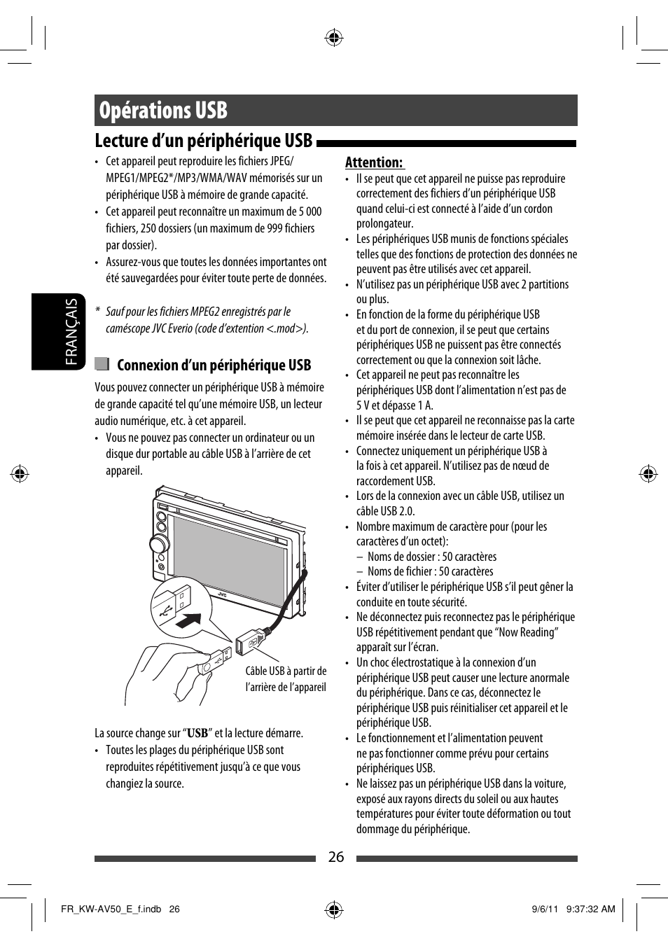 Opérations usb, Lecture d’un périphérique usb, Connexion d’un périphérique usb | JVC KW-AV50 User Manual | Page 142 / 235