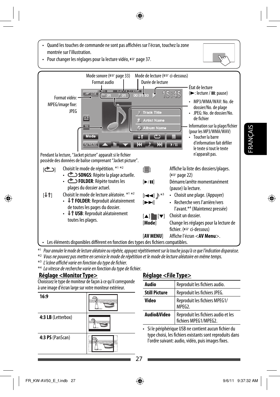 Français 27, Réglage <monitor type, Réglage <file type | JVC KW-AV50 User Manual | Page 143 / 235