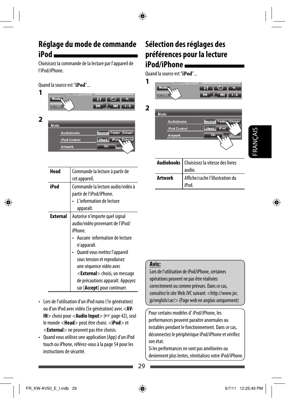 Réglage du mode de commande ipod | JVC KW-AV50 User Manual | Page 145 / 235