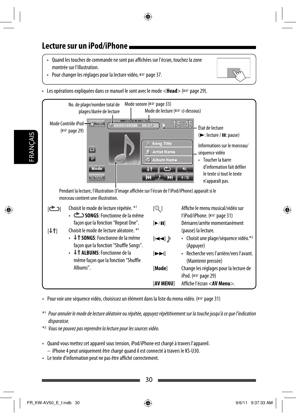 Lecture sur un ipod/iphone, Français 30 | JVC KW-AV50 User Manual | Page 146 / 235