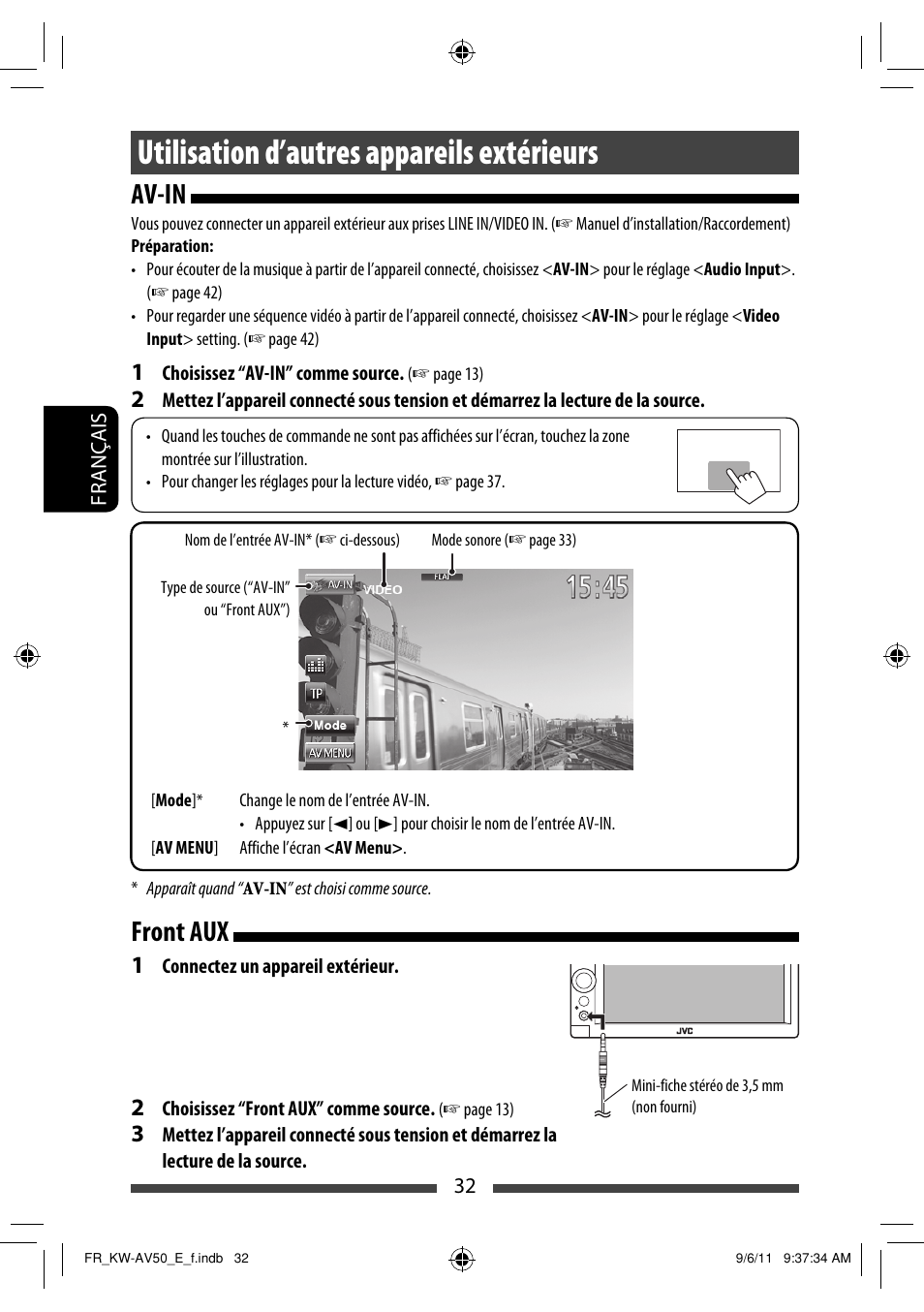 Utilisation d’autres appareils extérieurs, Av-in front aux | JVC KW-AV50 User Manual | Page 148 / 235