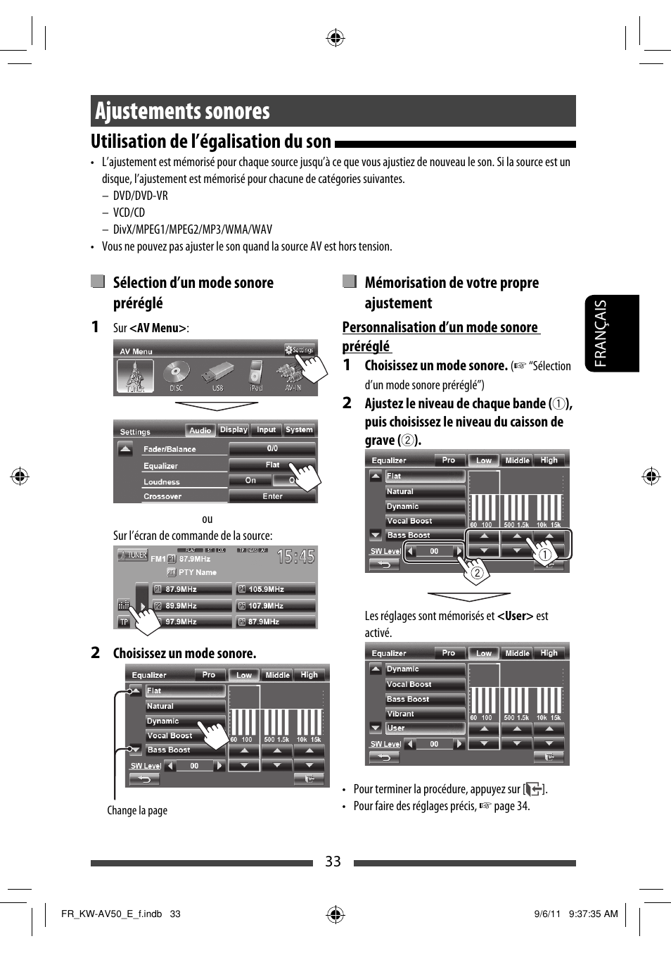 Ajustements sonores, Utilisation de l’égalisation du son | JVC KW-AV50 User Manual | Page 149 / 235