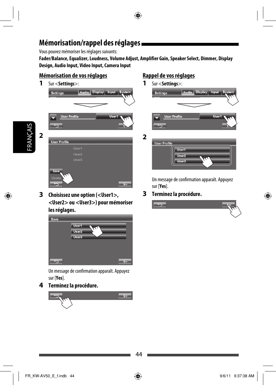 Mémorisation/rappel des réglages | JVC KW-AV50 User Manual | Page 160 / 235