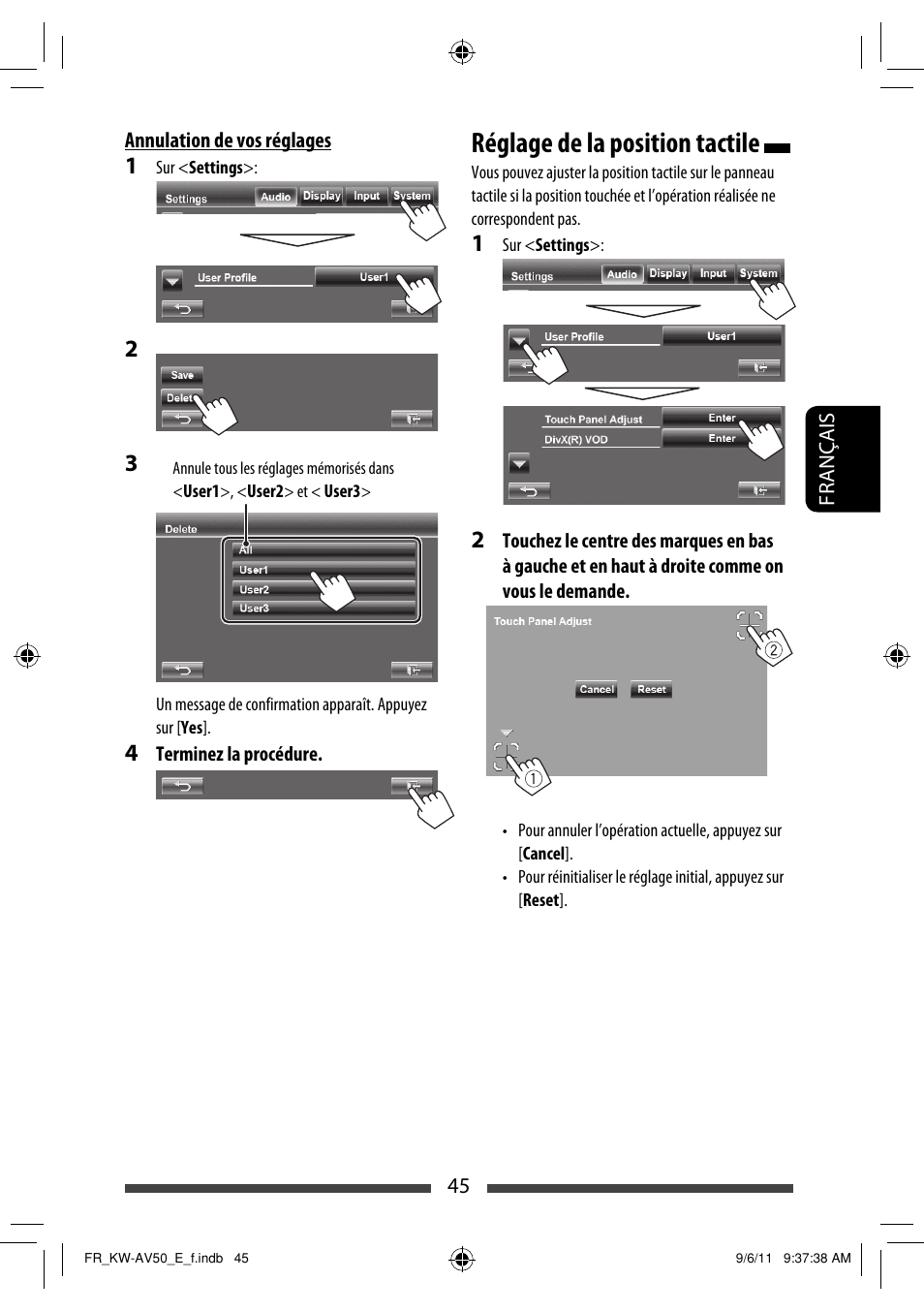 Réglage de la position tactile | JVC KW-AV50 User Manual | Page 161 / 235