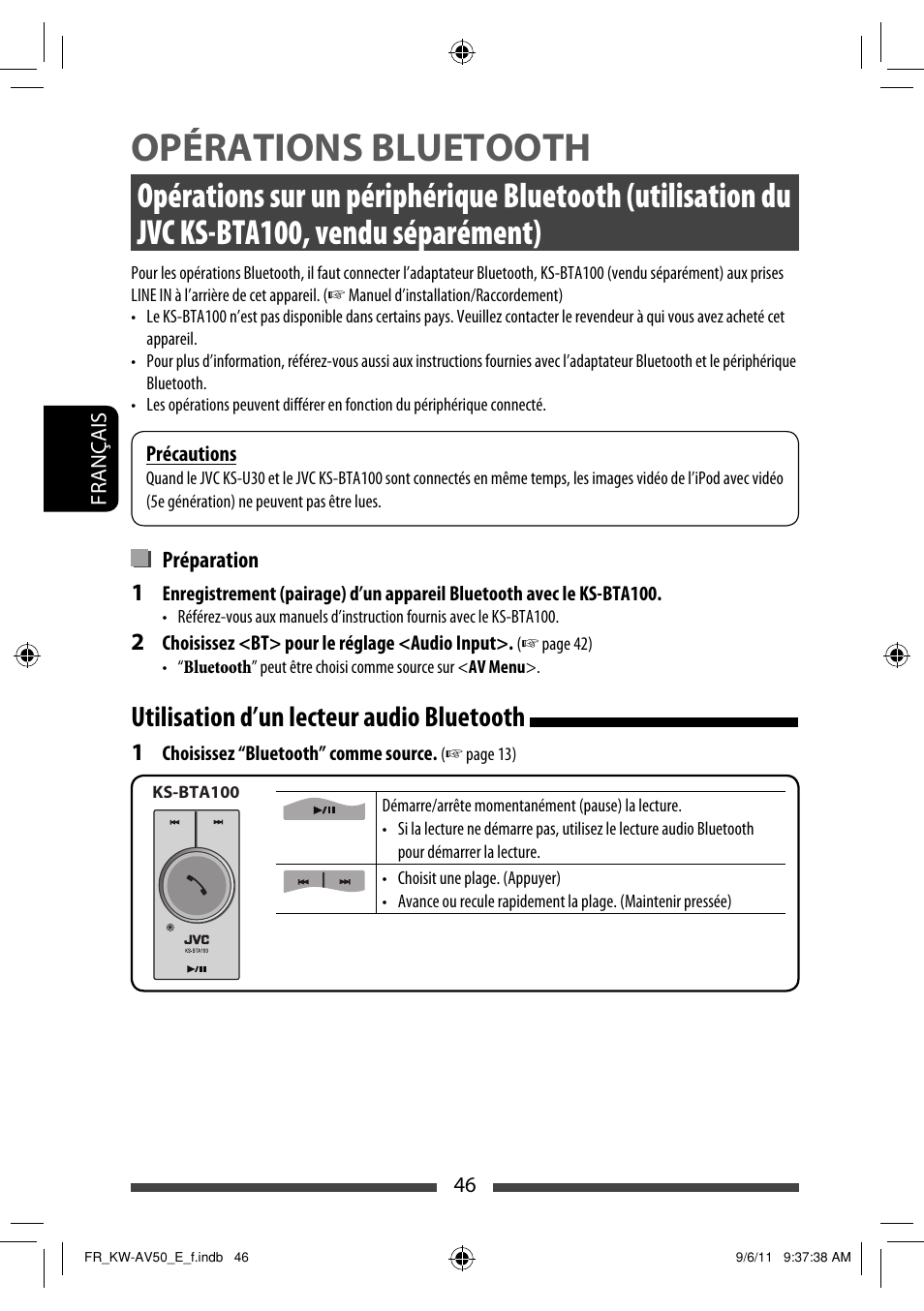 Opérations bluetooth, Utilisation d’un lecteur audio bluetooth | JVC KW-AV50 User Manual | Page 162 / 235