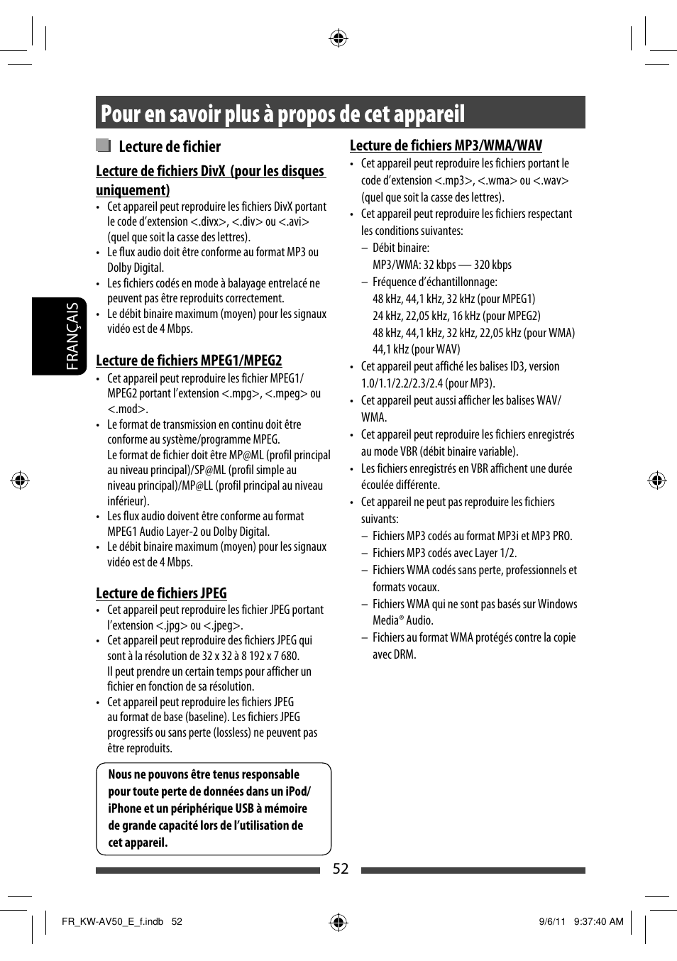 Pour en savoir plus à propos de cet appareil, Lecture de fichier | JVC KW-AV50 User Manual | Page 168 / 235