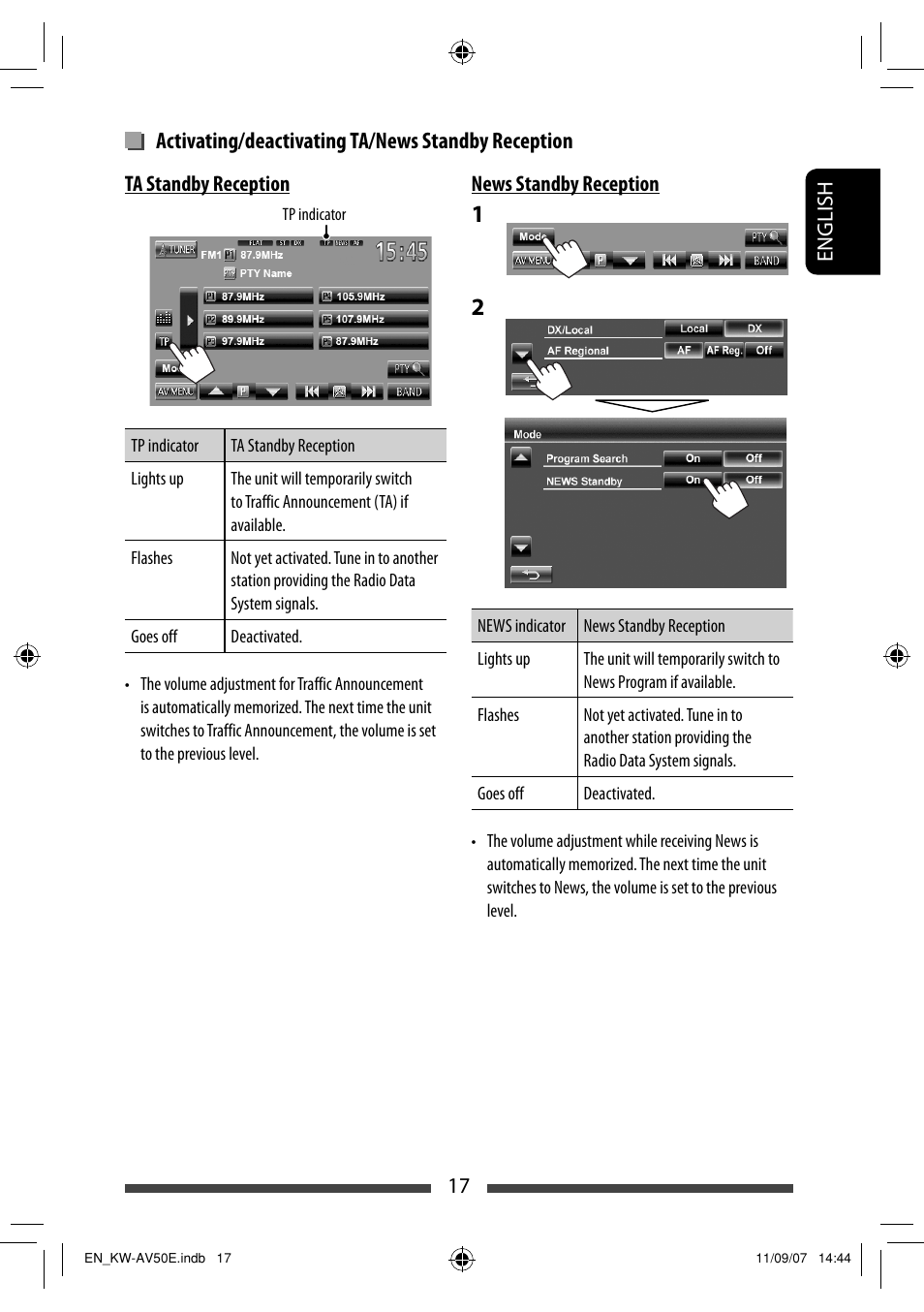Activating/deactivating ta/news standby reception | JVC KW-AV50 User Manual | Page 17 / 235