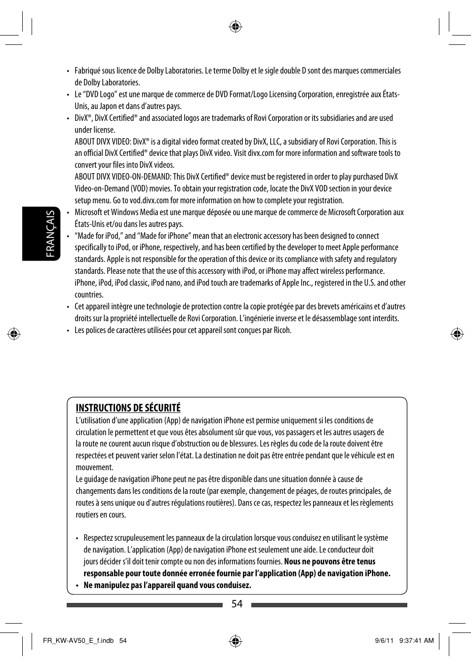 Français 54, Instructions de sécurité | JVC KW-AV50 User Manual | Page 170 / 235