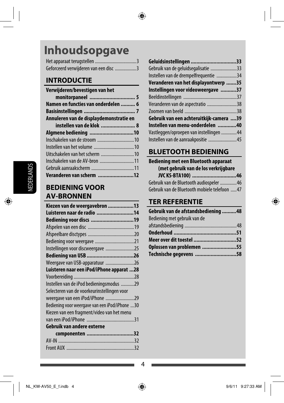 Inhoudsopgave, Introductie, Bediening voor av-bronnen | Bluetooth bediening, Ter referentie | JVC KW-AV50 User Manual | Page 178 / 235