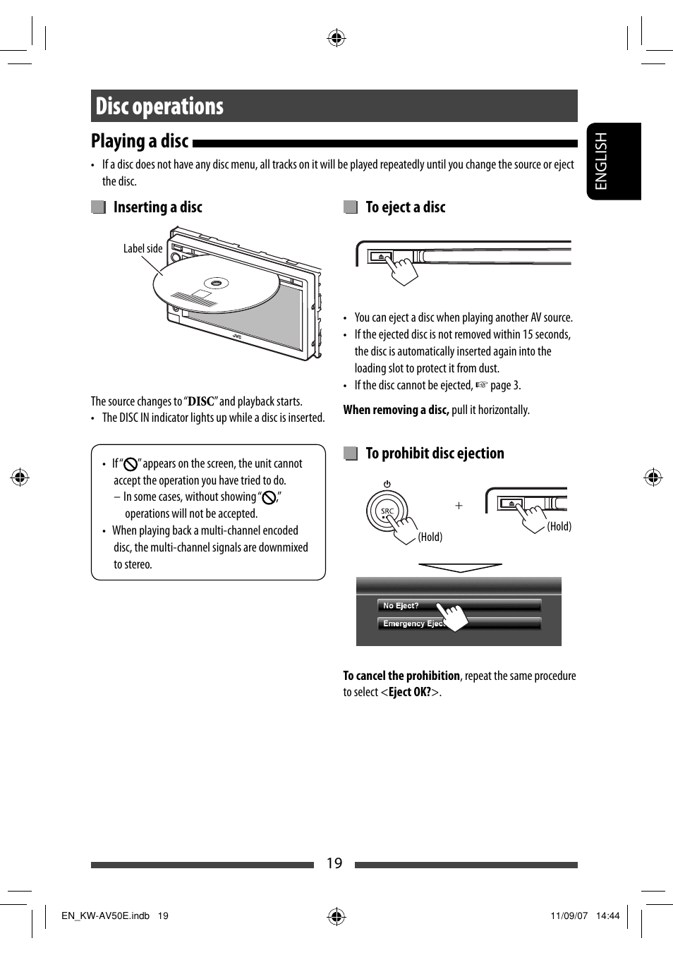 Disc operations, Playing a disc, Inserting a disc | JVC KW-AV50 User Manual | Page 19 / 235